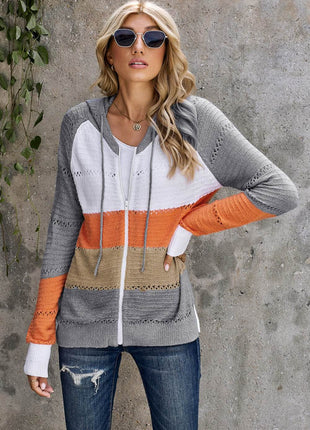 Zip-Up Raglan Sleeve Openwork Hooded Cardigan - MimiStylez