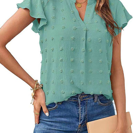 Women's Fashion V-neck Ruffle Sleeve Chiffon Shirt Short Sleeve - MimiStylez