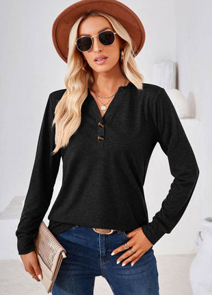 V-Neck Buttoned Long Sleeve Blouse - MimiStylez
