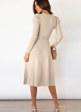 Round Neck Long Sleeve Tie Waist Sweater Dress - MimiStylez