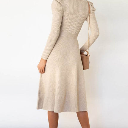 Round Neck Long Sleeve Tie Waist Sweater Dress - MimiStylez
