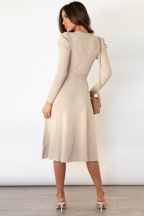 Round Neck Long Sleeve Tie Waist Sweater Dress - MimiStylez