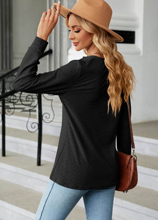 Notched Neck Long Sleeve Buttoned Blouse - MimiStylez