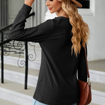 Notched Neck Long Sleeve Buttoned Blouse - MimiStylez