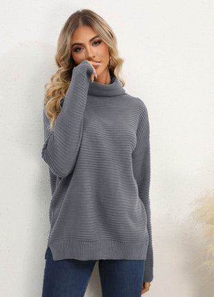 Slit Turtleneck Dropped Shoulder Sweater - MimiStylez