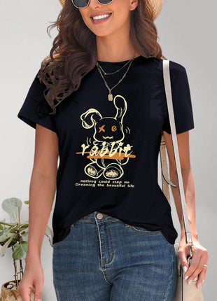 Rabbit Graphic Round Neck Short Sleeve T-Shirt - MimiStylez