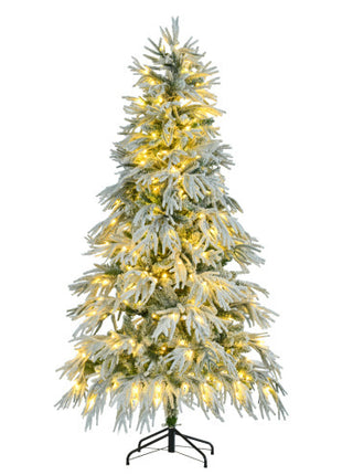 6FT Pre-Lit Spruce Snow Flocked Christmas Tree, Hinged Xmas Tree With 300 Multi-Color LED Lights, 8 Flashing Modes & 790 Snow Branch Tips