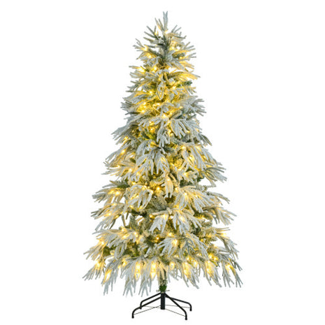 6FT Pre-Lit Spruce Snow Flocked Christmas Tree, Hinged Xmas Tree With 300 Multi-Color LED Lights, 8 Flashing Modes & 790 Snow Branch Tips