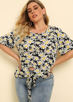 Plus Size Floral Round Neck Tie Hem Blouse - MimiStylez