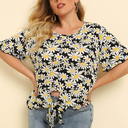 Plus Size Floral Round Neck Tie Hem Blouse - MimiStylez