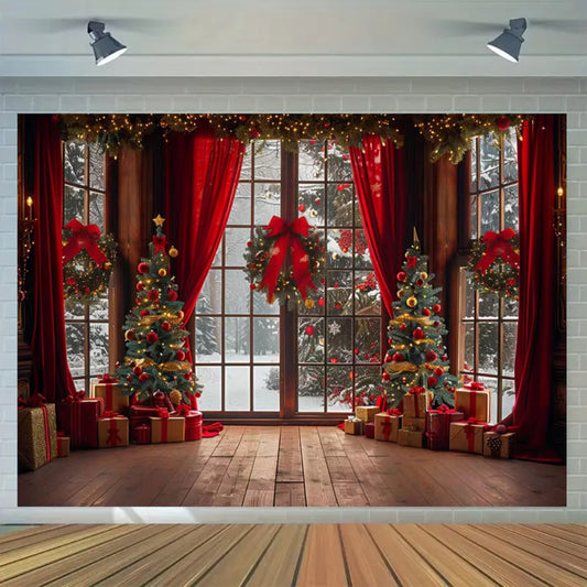 Winter Christmas Scene Backdrop 1pc - Vinyl Photography Background with Festive Window, Christmas Tree & Gift Boxes for Holiday Party, Portrait, General Celebration - No Electricity Needed, Featherless