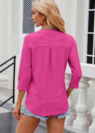 Eyelet Notched Knit Jacquard Top - MimiStylez