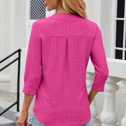 Eyelet Notched Knit Jacquard Top - MimiStylez