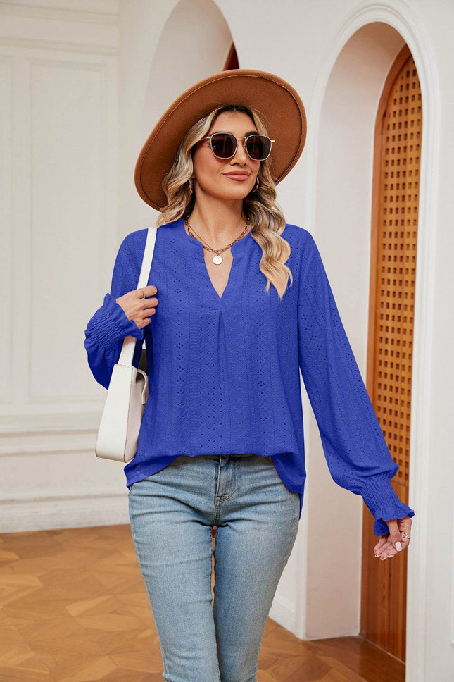 Notched Neck Flounce Sleeve Blouse - MimiStylez