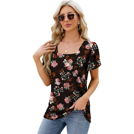 Square Neck Short-sleeved T-shirt With Petal Sleeve Design Bohemian Loose T-shirt - MimiStylez