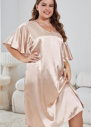 Plus Size Flutter Sleeve V-Neck Side Slit Night Gown - MimiStylez