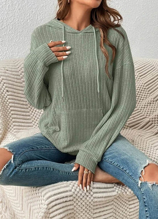 Ribbed Dropped Shoulder Drawstring Hoodie - MimiStylez