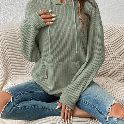 Ribbed Dropped Shoulder Drawstring Hoodie - MimiStylez