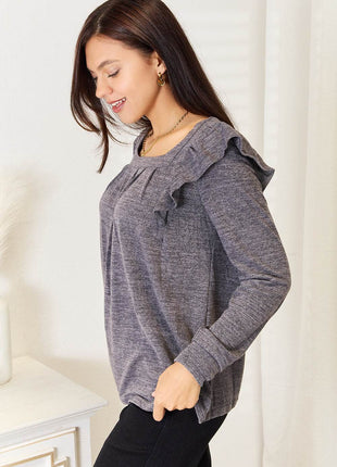Double Take Square Neck Ruffle Shoulder Long Sleeve T-Shirt - MimiStylez