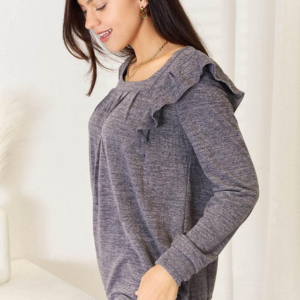 Double Take Square Neck Ruffle Shoulder Long Sleeve T-Shirt - MimiStylez