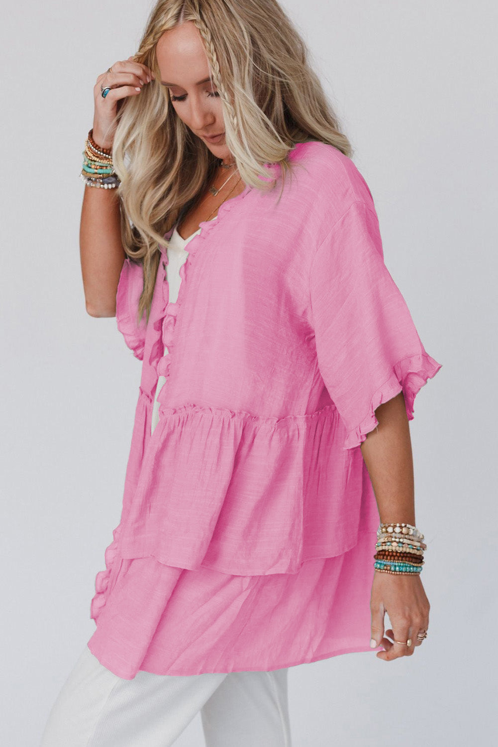 Pink Ruffled Trim Half Sleeve Open Front Kimono