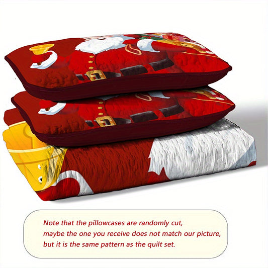 Cozy Santa Claus Christmas Quilt Set - Soft & Breathable Polyester, Includes 1 Quilt and 2 Pillowcases, Perfect for All Seasons, Ideal for Bedroom or Dorm Decor