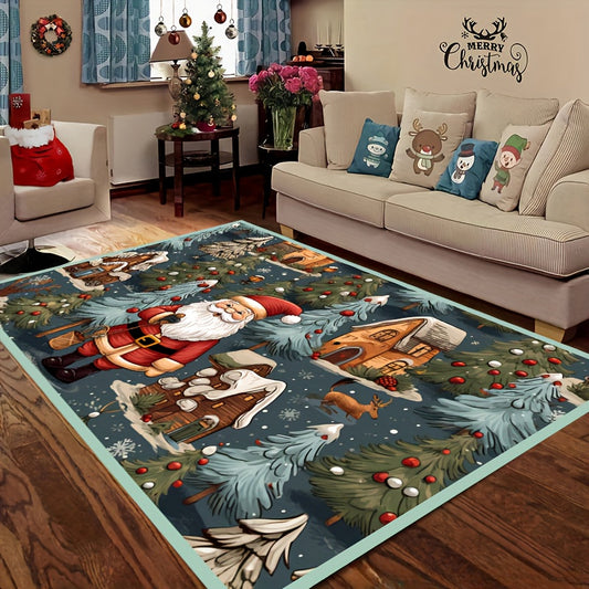 Santa Claus Christmas Area Rug - Large, Washable & Non-Slip Polyester Floor Mat for Living Room and Bedroom Decor