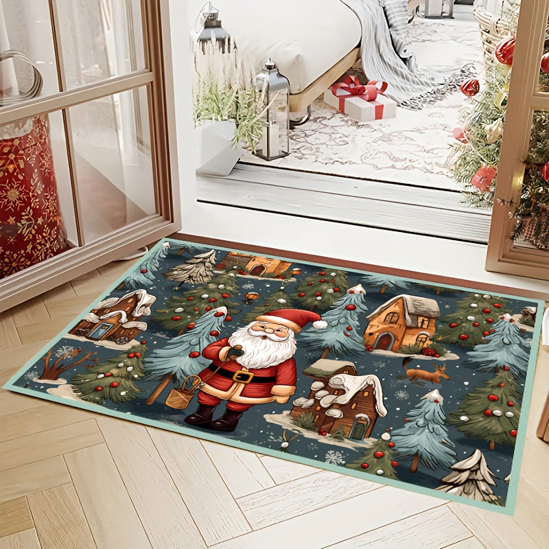 Santa Claus Christmas Area Rug - Large, Washable & Non-Slip Polyester Floor Mat for Living Room and Bedroom Decor