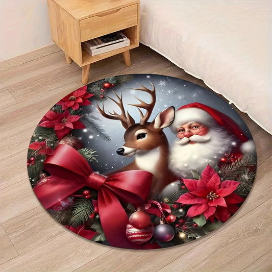 Santa & Reindeer Christmas Cheer Round Rug - Soft, Absorbent & Non-Slip for Living Room, Study or Gaming Area