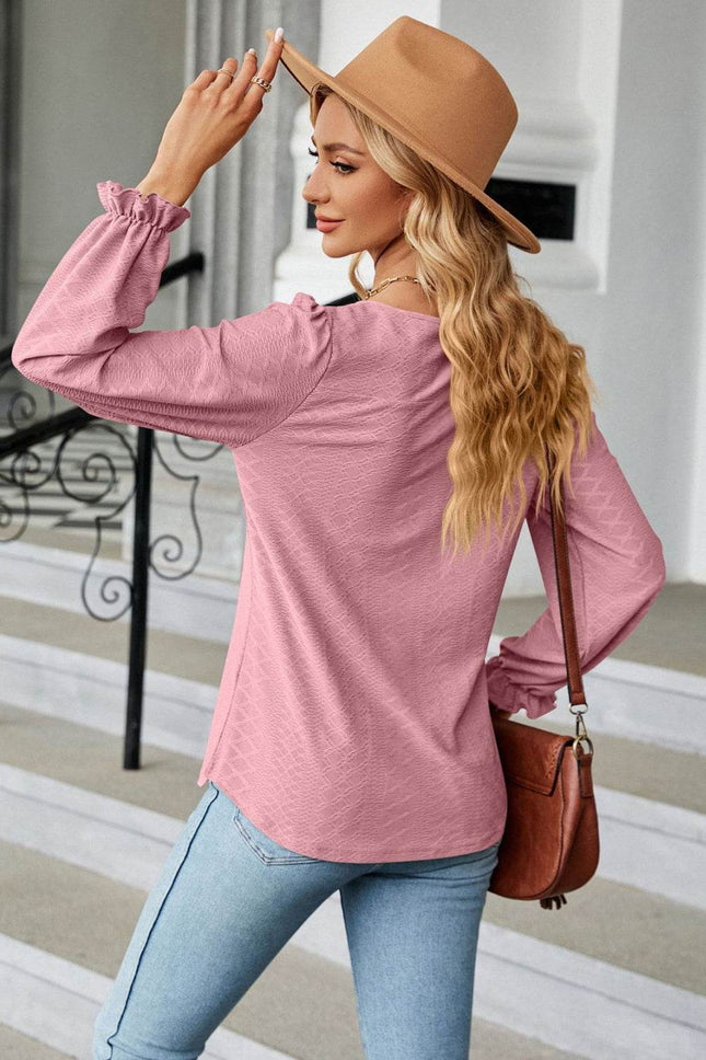 Round Neck Flounce Sleeve Blouse - MimiStylez