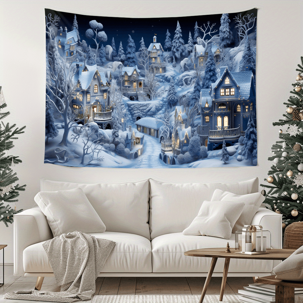 3D Christmas Town Snow Scene Wall Tapestry - Winter Wonderland Backdrop, Easy Hang Polyester Decor for Living Room & New Year Celebrations Holiday Decorations Winter Wonderland Decorations