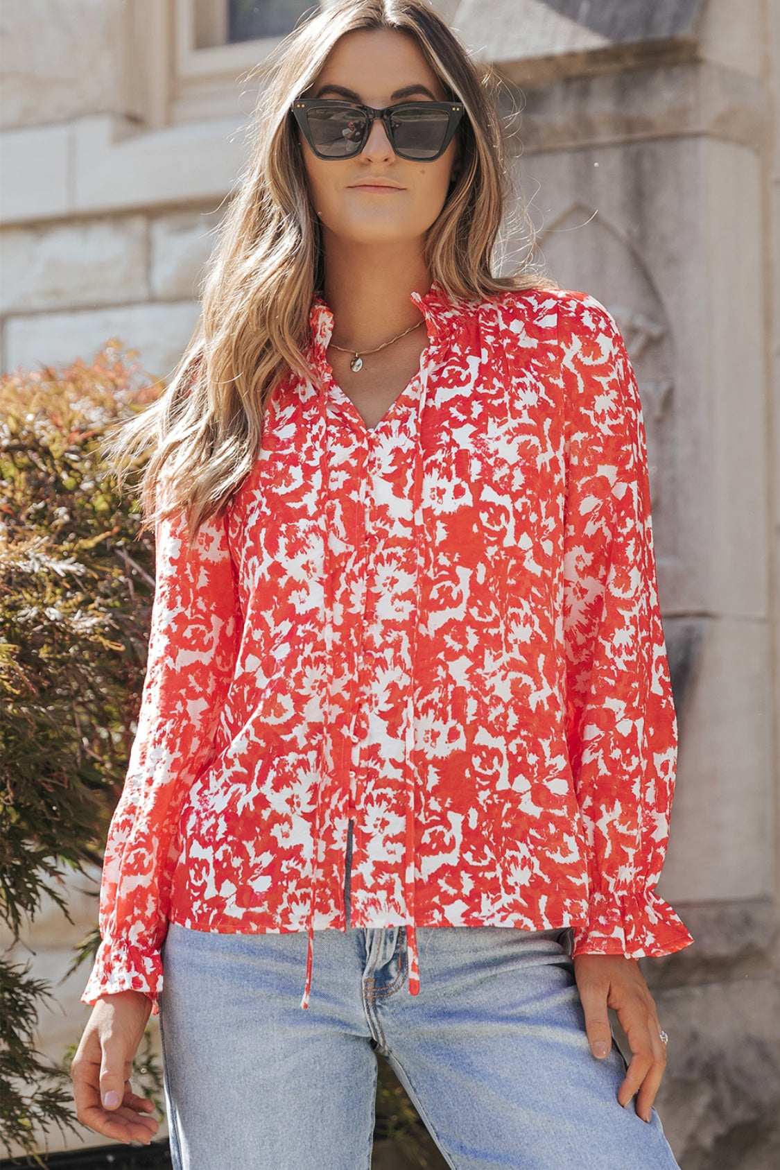 Printed Tie Neck Flounce Sleeve Blouse