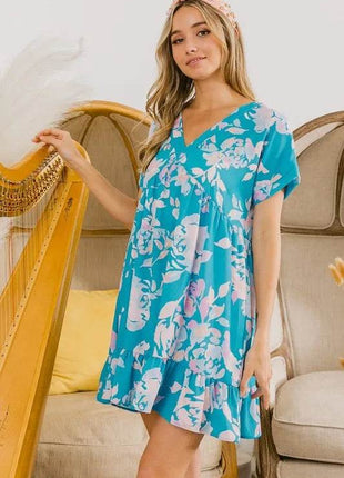 BiBi Floral Crinkle Shirred Ruffle Detail V Neck Dress - MimiStylez