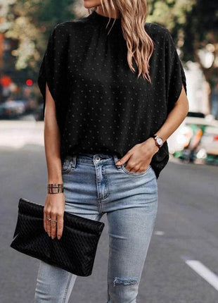 Swiss Dot Mock Neck Half Sleeve Blouse - MimiStylez