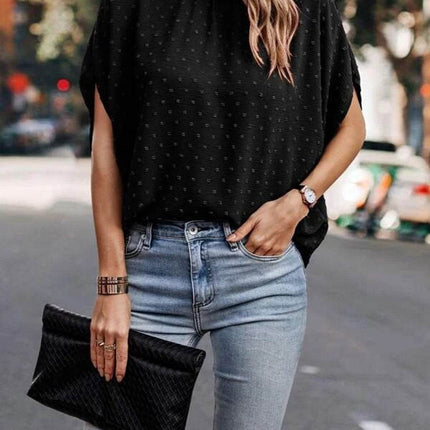 Swiss Dot Mock Neck Half Sleeve Blouse - MimiStylez