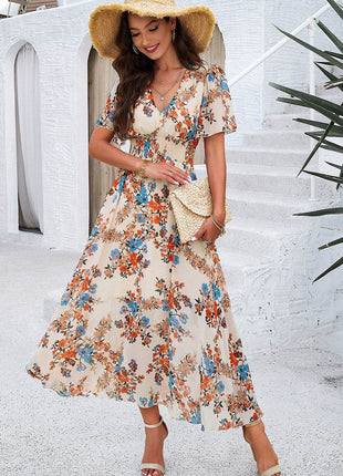 Smocked Floral V-Neck Short Sleeve Dress - MimiStylez