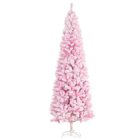 7.5FT Unlit Flocked Pink Christmas Tree Pencil Tree With Pine Shape And Realistic Branches