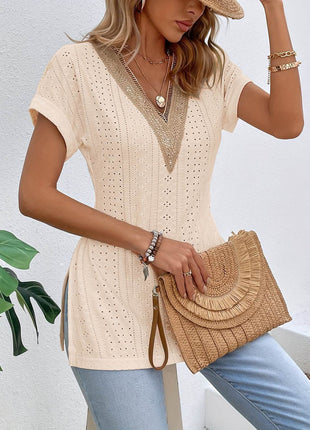 Slit Eyelet V-Neck Short Sleeve Blouse - MimiStylez