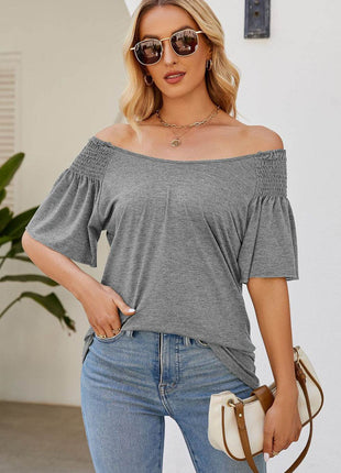 Smocked Round Neck Flutter Sleeve T-Shirt - MimiStylez