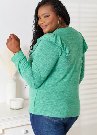 Double Take Ruffle Shoulder Long Sleeve T-Shirt - MimiStylez
