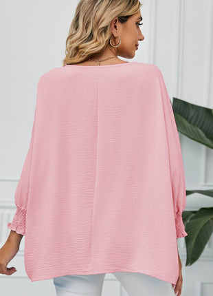 Smocked Lantern Sleeve Round Neck Blouse - MimiStylez