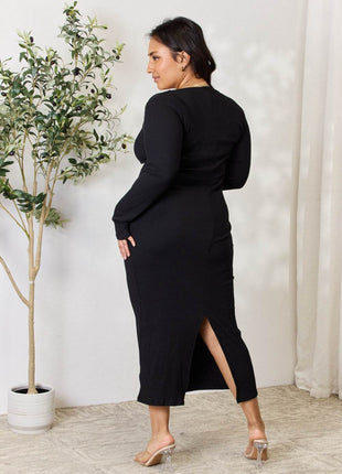 Culture Code Full Size Ribbed Long Sleeve Midi Slit Dress - MimiStylez