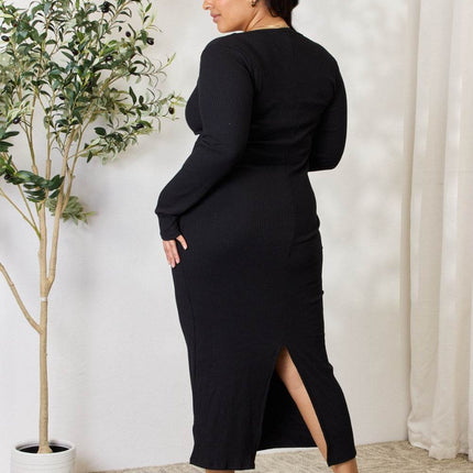 Culture Code Full Size Ribbed Long Sleeve Midi Slit Dress - MimiStylez