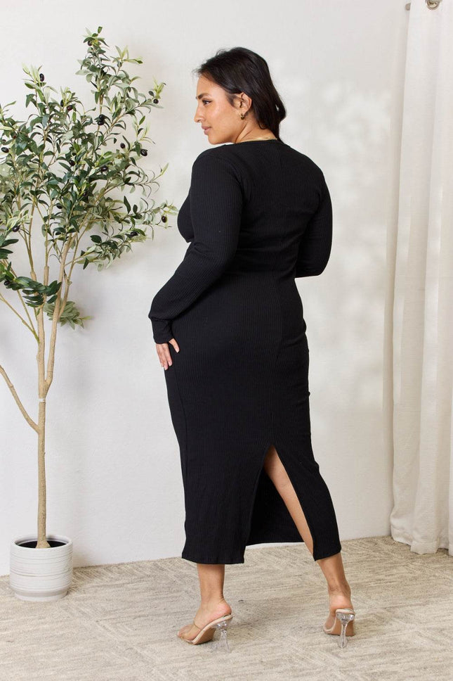 Culture Code Full Size Ribbed Long Sleeve Midi Slit Dress - MimiStylez