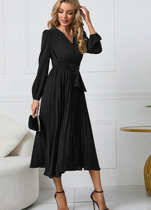 V-Neck Long Sleeve Tie Waist Midi Dress - MimiStylez