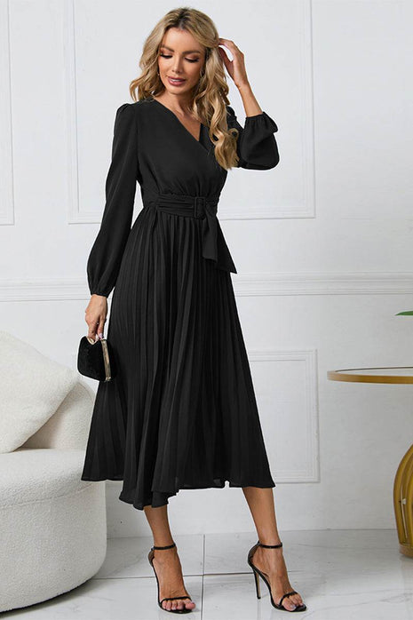 V-Neck Long Sleeve Tie Waist Midi Dress - MimiStylez