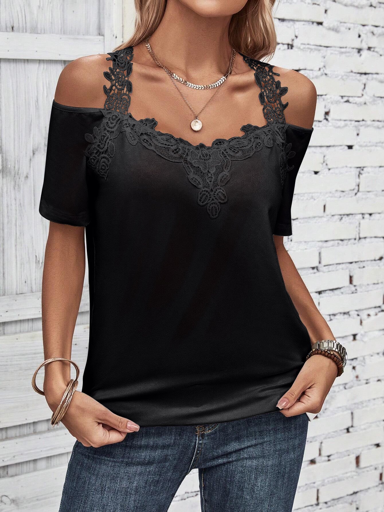 Full Size Lace Detail Short Sleeve T-Shirt