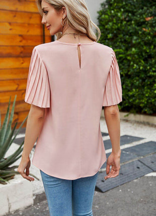 Pleated Flutter Sleeve Round Neck Blouse - MimiStylez