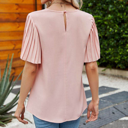 Pleated Flutter Sleeve Round Neck Blouse - MimiStylez