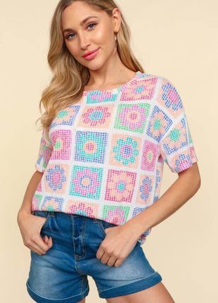Haptics Flower Print Round Neck Short Sleeve T-Shirt - MimiStylez